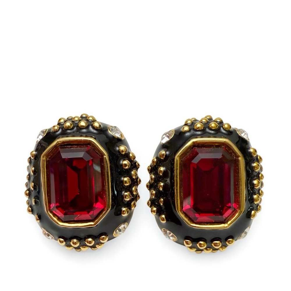 Vtg Essex Magenta Red Rhinestone Crystal Black Enamel Clip On Earrings Rectangle